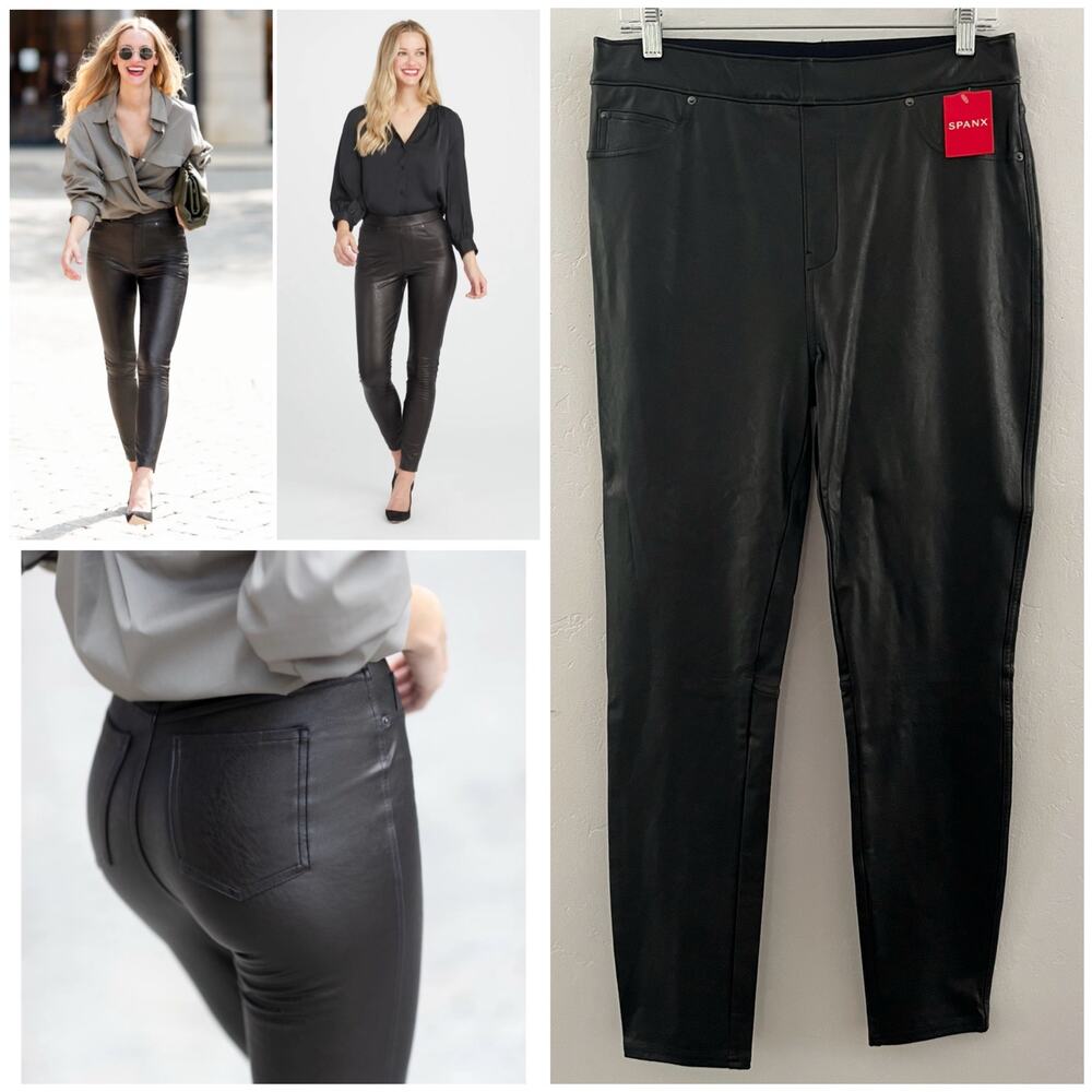 Spanx Leather-Like Ankle Skinny Pants Women's Large in Luxe Black Vegan NEW
